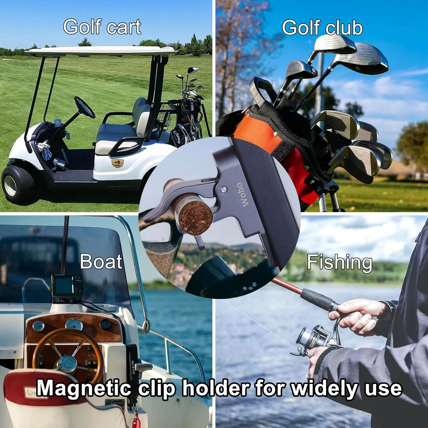 Woho Magnetic Holder for Golf Cart, Aluminum Alloy Golf Holder with Fork Hold Item in The Grass, Golf Cart Accessories with Dual Opening Carabiner for 30-60 Rings, Gift for Golfer/Father's Day