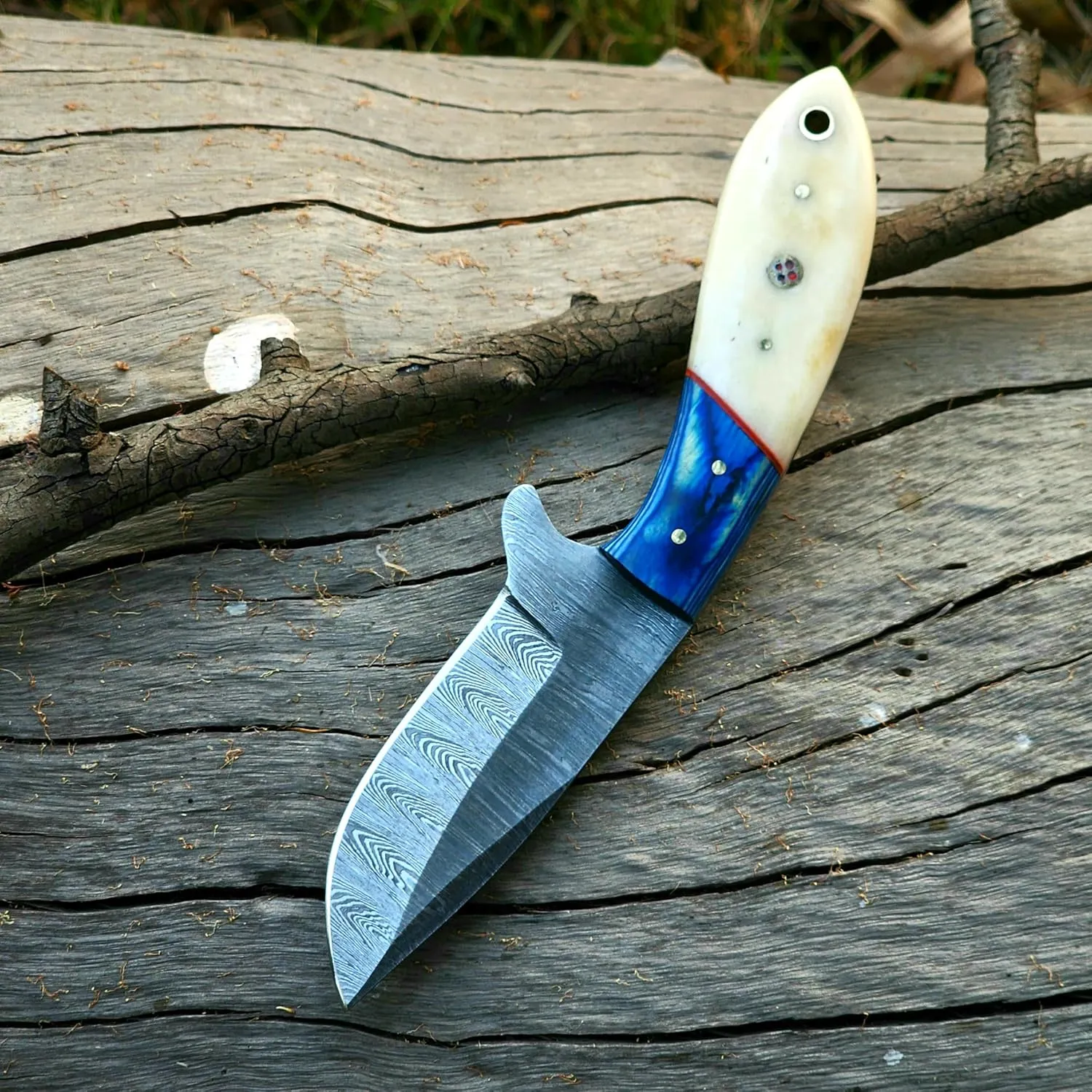 Wolf Cut Handmade Damascus Bull Cutter Knife Cowboy Knife Wood & Bone Handle Utility Knife EDC Fixed Blade Knife For Men women sharp Camping Knives Bushcraft Knife Classic Pancake leather Sheath (Blue Wood bone)