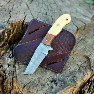 Wolf Cut Handmade Damascus Bull cutter knife lineman hawkbill knife Outdoor Hunting knife, 7.5" inch EDC Fixed blade electrician Knife, Cowboy knife, Utility Knife With Classic Pancake leather Sheath (Rose wood bone)