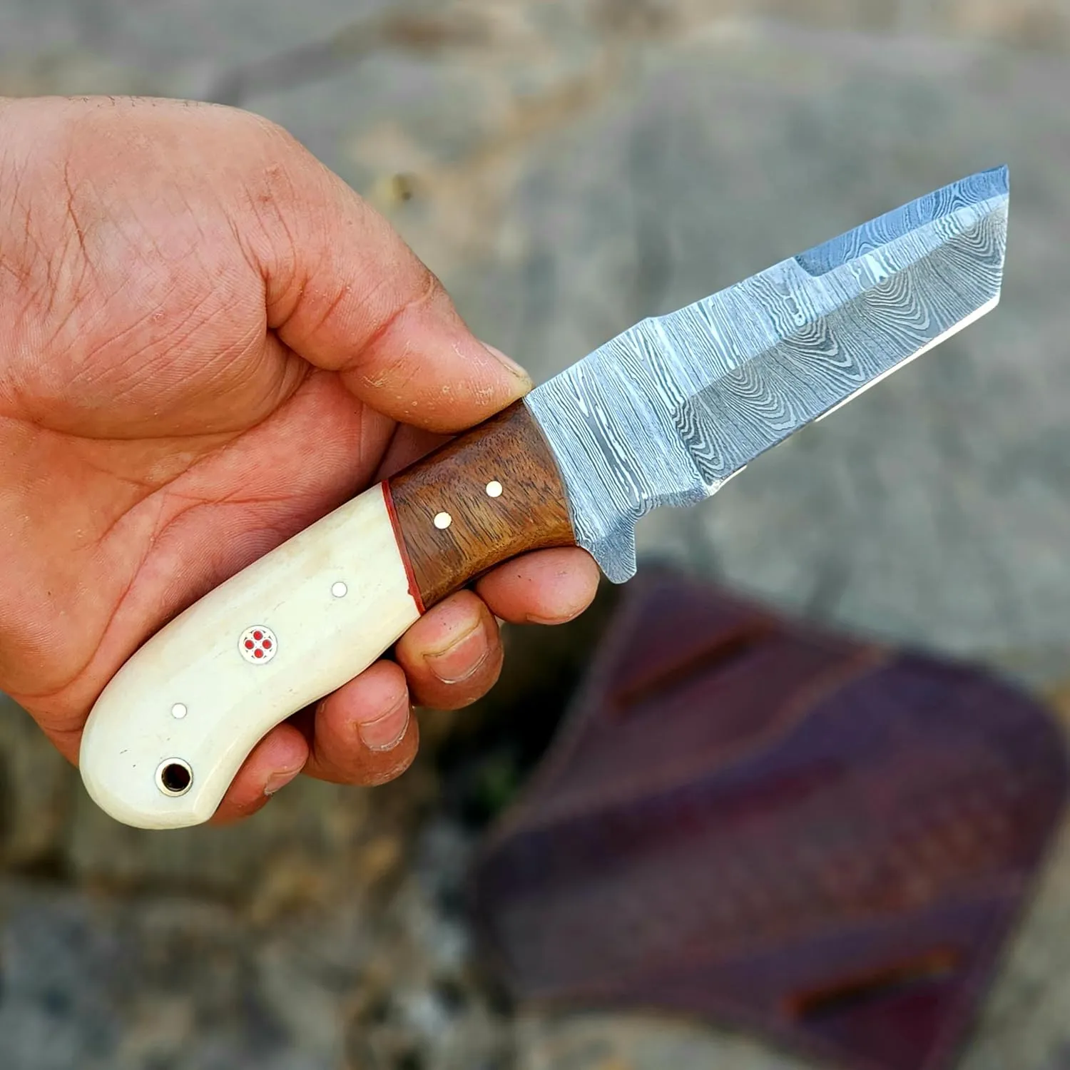 Wolf Cut Handmade Damascus Bull cutter knife lineman hawkbill knife Outdoor Hunting knife, 7.5" inch EDC Fixed blade electrician Knife, Cowboy knife, Utility Knife With Classic Pancake leather Sheath (Rose wood bone)