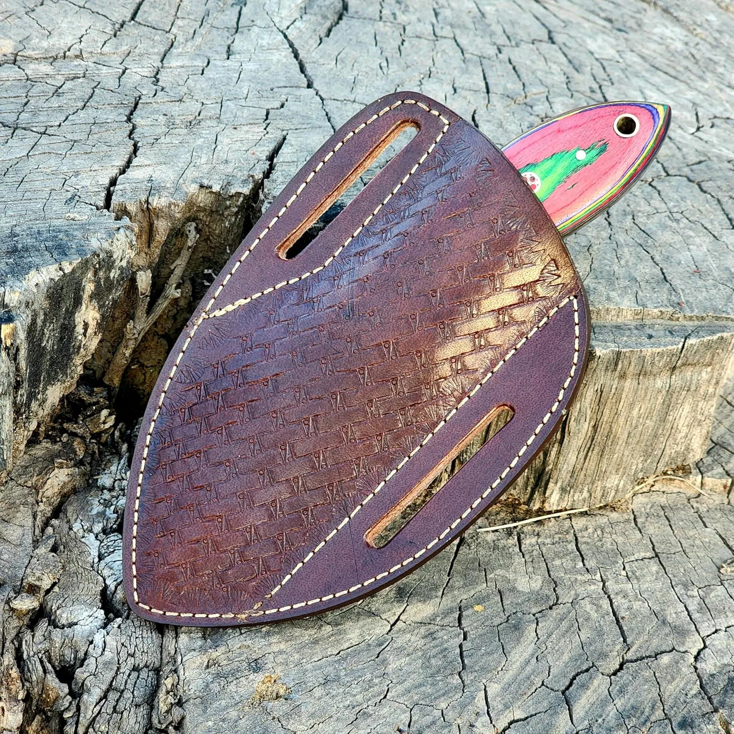 Wolf Cut Handmade Damascus Bull cutter knife lineman hawkbill knife Outdoor Hunting knife, 7.5" inch EDC Fixed blade electrician Knife, Cowboy knife, Utility Knife With Classic Pancake leather Sheath (Rose wood bone)