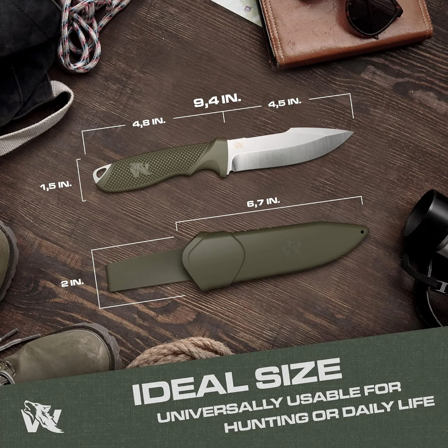 WOLF-I Full Tang Survival Knife with Sheath - Stylish Tactical Fixed Blade Knife - Made of D2 Steel - Bushcraft and Camping Knife Survival - Perfect EDC Outdoor Knife with TPE Handle