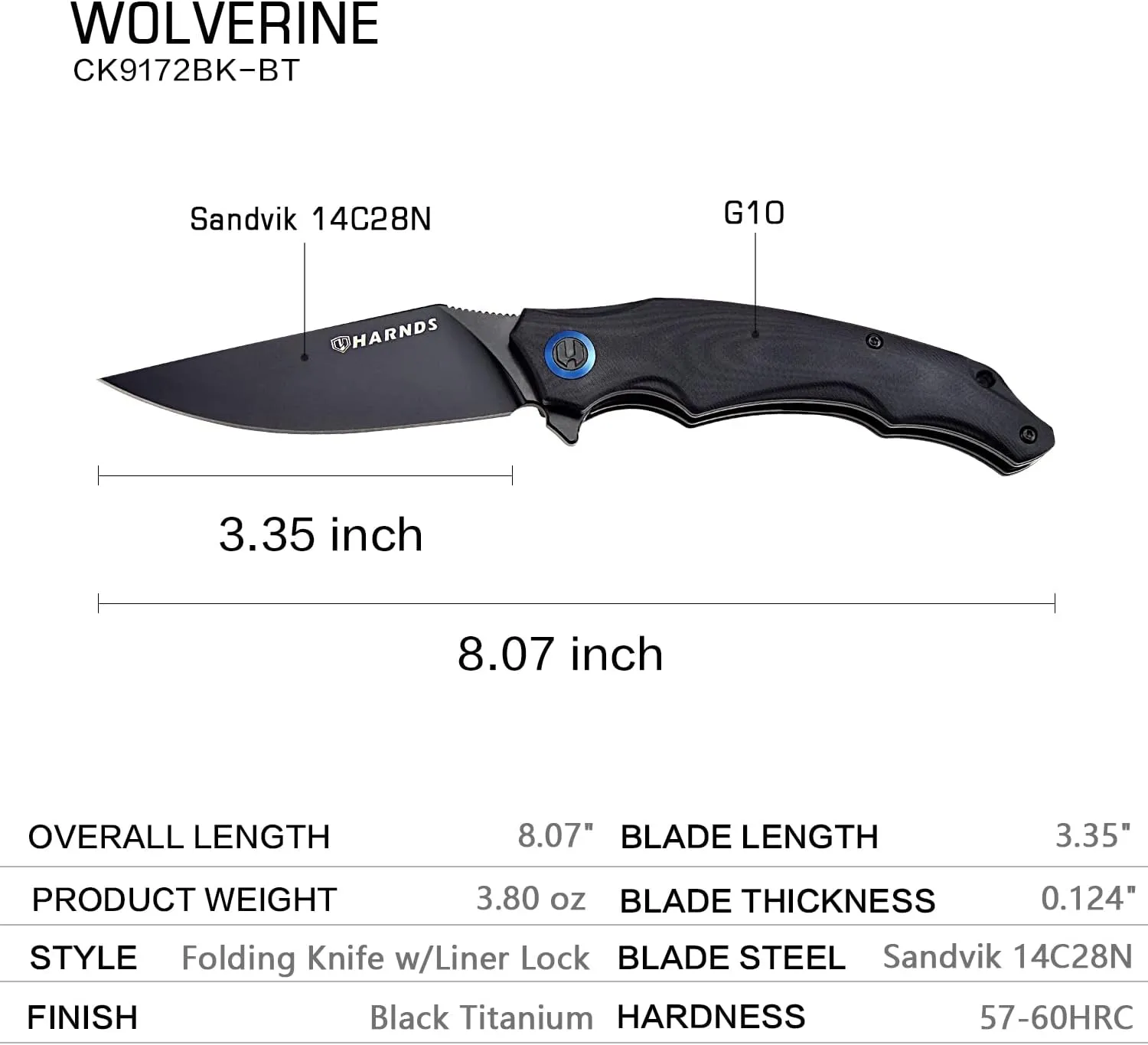 Wolverine Folding Knife Flipper Sandvik Steel Blade G10 Handle Pocket Camping Knife Ball Bearing with Pocket Clip (black black titanium)