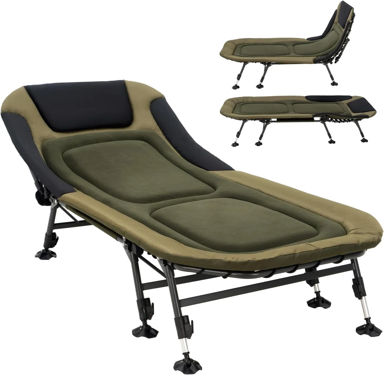 XL Folding Camping Cot with Mattress for Adults, Oversized Camping Bed with Carry Bag, 180° Adjustable Recliner, Portable Outdoor Lounger for Camping, Hiking, Outdoor, Green