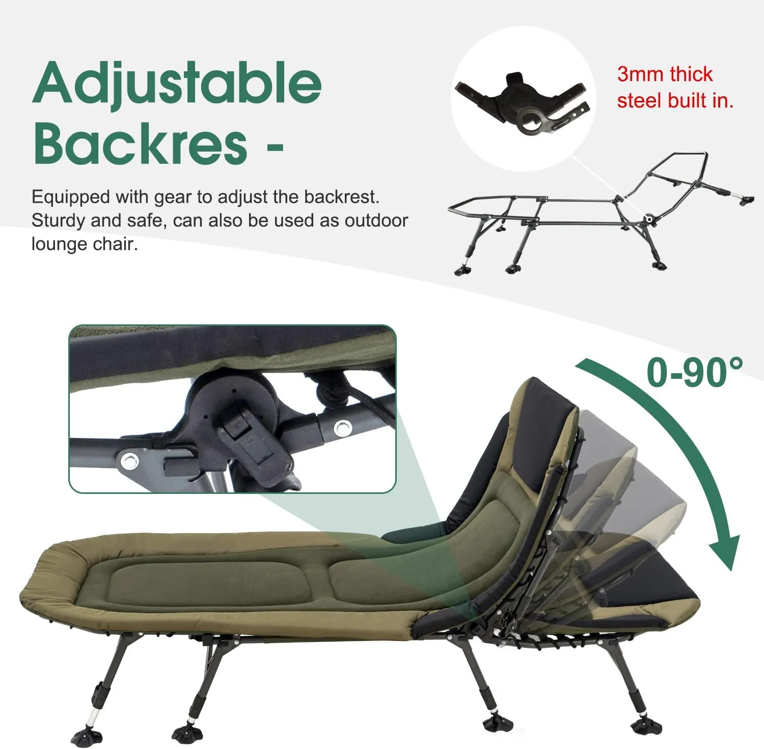 XL Folding Camping Cot with Mattress for Adults, Oversized Camping Bed with Carry Bag, 180° Adjustable Recliner, Portable Outdoor Lounger for Camping, Hiking, Outdoor, Green