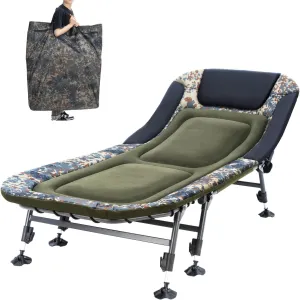 XXL Camping Cot for Adults 330Lbs with Carry Bag, Heavy Duty Folding Bed with Soft Padded Cushion, Portable Camp Bed for Hunting, 180° Adjustable Reclining Outdoor Lounger, Camouflage