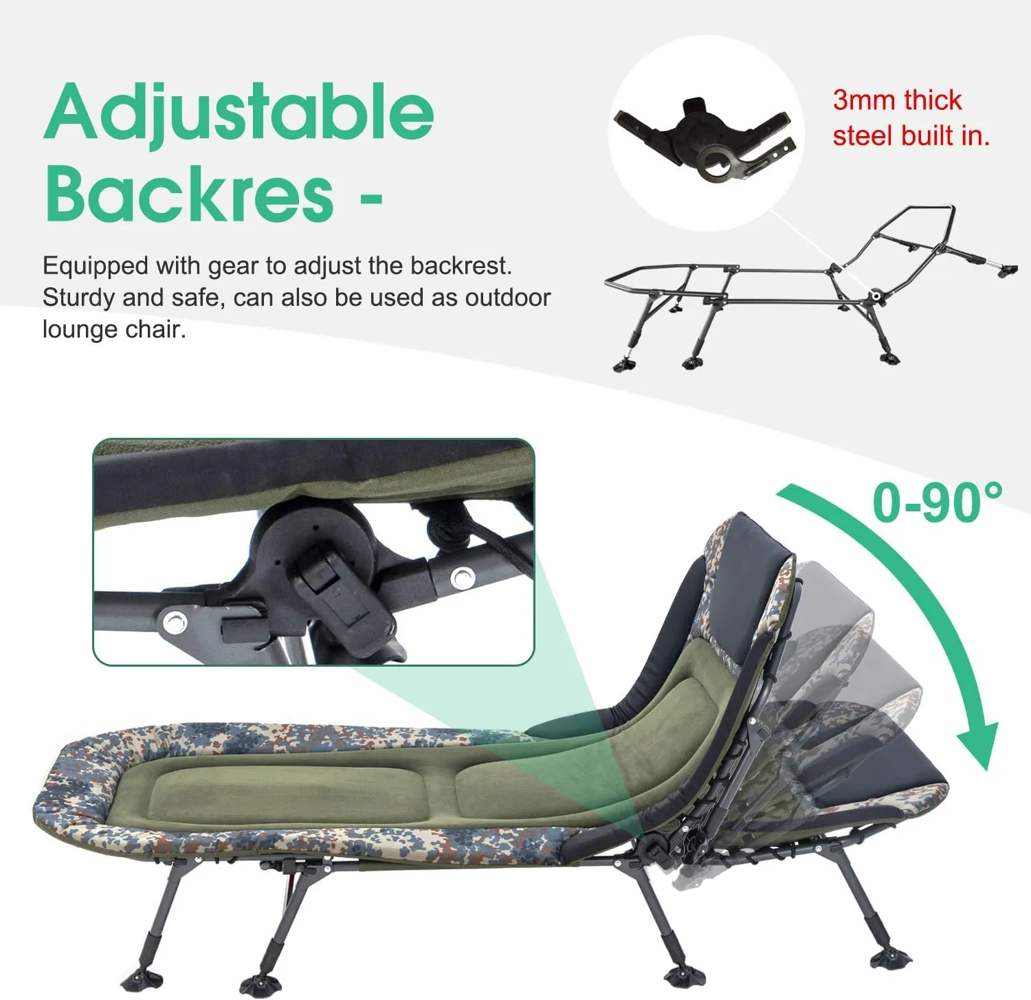 XXL Camping Cot for Adults 330Lbs with Carry Bag, Heavy Duty Folding Bed with Soft Padded Cushion, Portable Camp Bed for Hunting, 180° Adjustable Reclining Outdoor Lounger, Camouflage