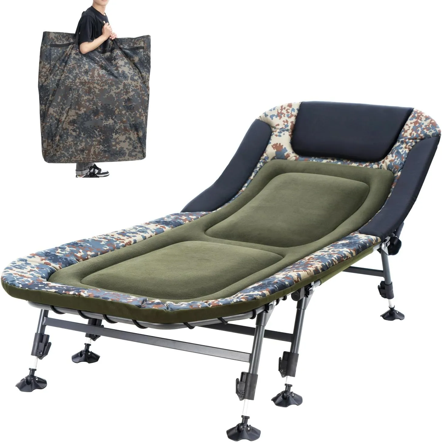 XXL Camping Cot for Adults 330Lbs with Carry Bag, Heavy Duty Folding Bed with Soft Padded Cushion, Portable Camp Bed for Hunting, 180° Adjustable Reclining Outdoor Lounger, Camouflage