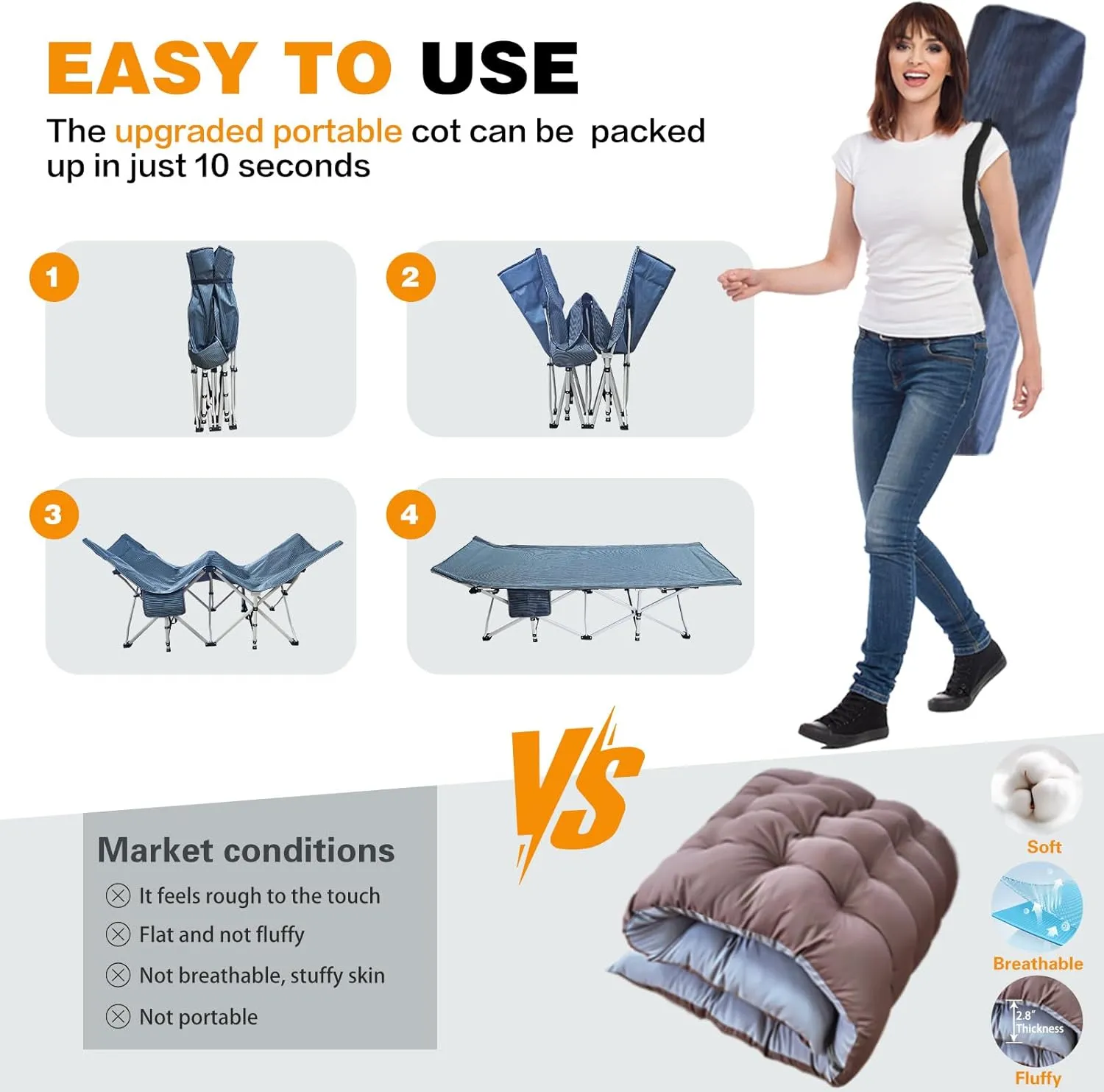 XXL Camping Cots Oversize Sleeping Bed with Comfortable Mattress Extra Large Camping Bed for Adults Cots Include Carry Bag for Adults Portable Folding Cots Easy to Set Up Nap Office Indoor Vacation