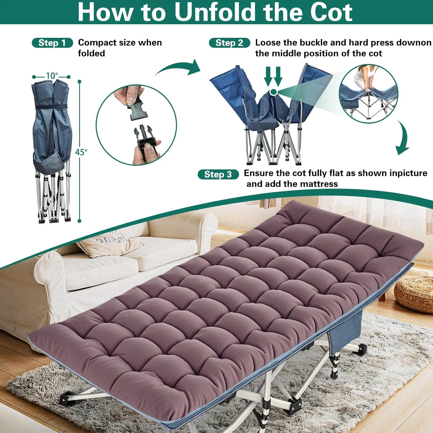 XXL Oversize Camping Cot with Comfortable Mattress Camping Cots for Adults 32 Inches Wide Cots for Sleeping Cot Bed Folding Cot Heavy Duty with Carry Bag Easy to Install Outdoor Indoor