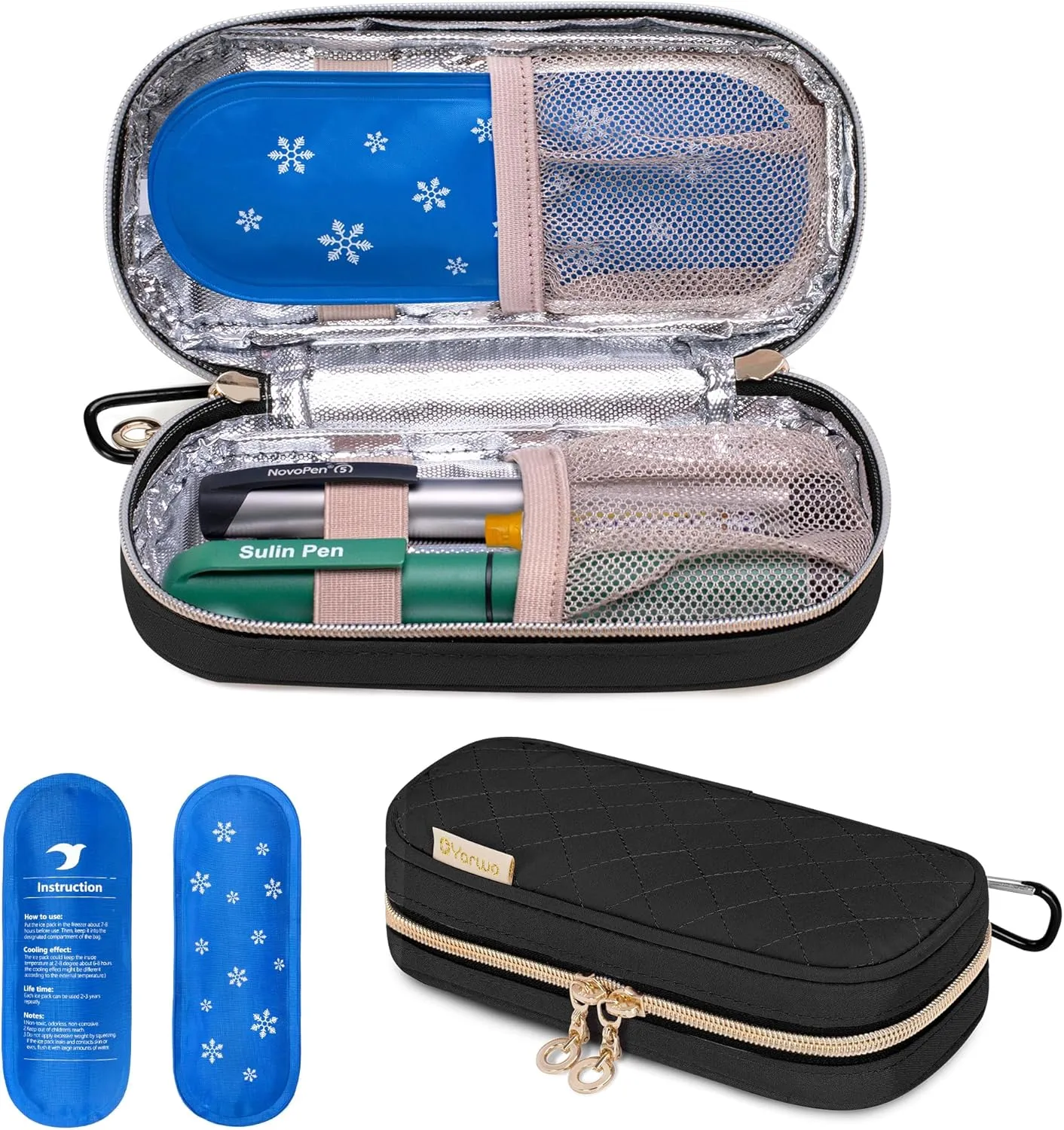 Yarwo Insulin Cooler Travel Case with 2 Upgraded Ice Packs for 6-8h Cooling Time, Insulated Diabetic Medication Cooler Organizer Bag for Insulin Pens and Other Diabetes Care Supplies, Black