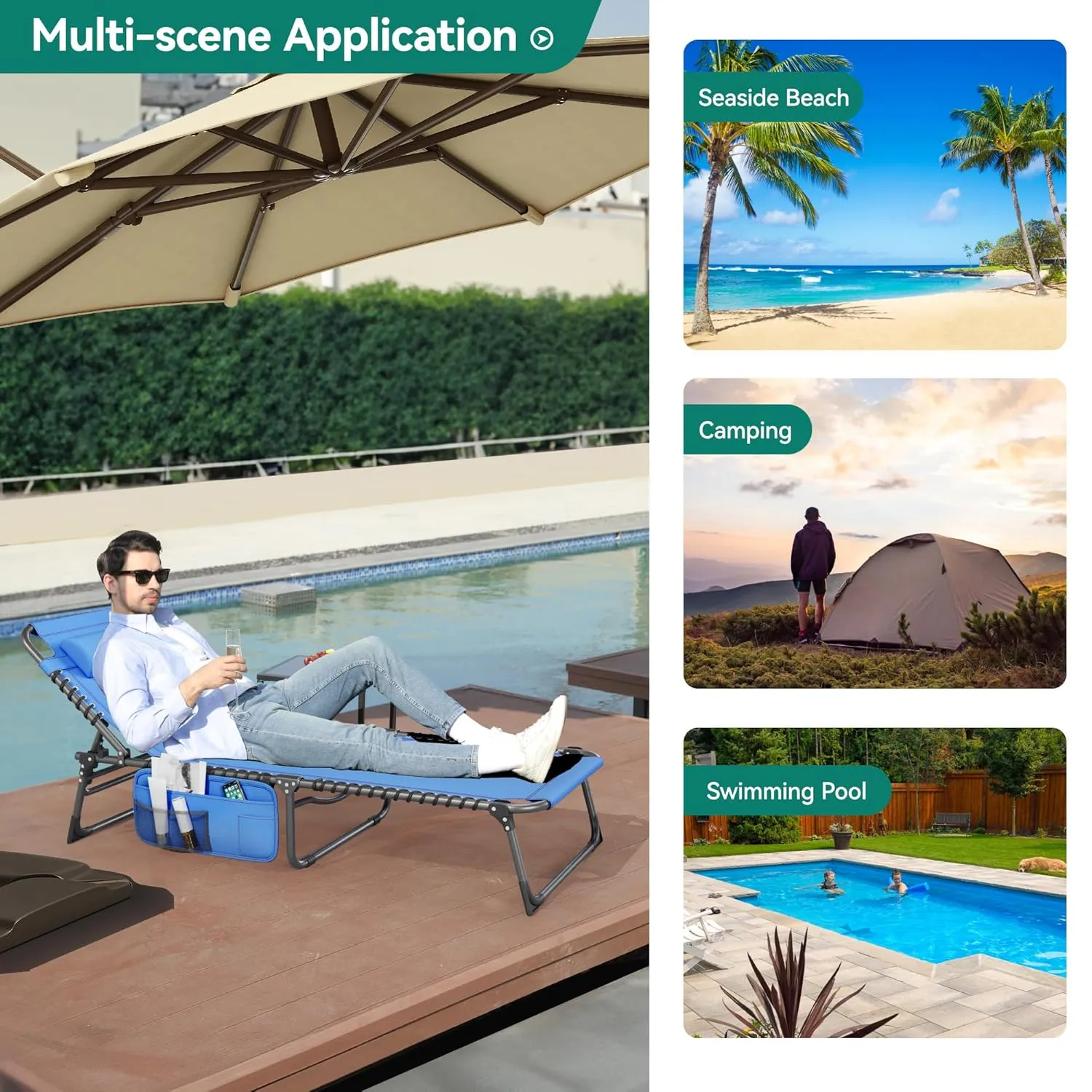YITAHOME 2PCS Patio Lounge Chair, Portable Reclining Chairse Lounge Folding Camping Cot 5 Posistion Adjustable w/Head Pillow & Portable Handbag for Camping, Pool, Beach and Patio, Blue
