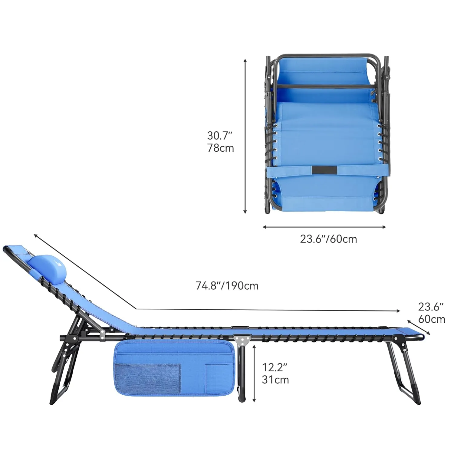 YITAHOME 2PCS Patio Lounge Chair, Portable Reclining Chairse Lounge Folding Camping Cot 5 Posistion Adjustable w/Head Pillow & Portable Handbag for Camping, Pool, Beach and Patio, Blue