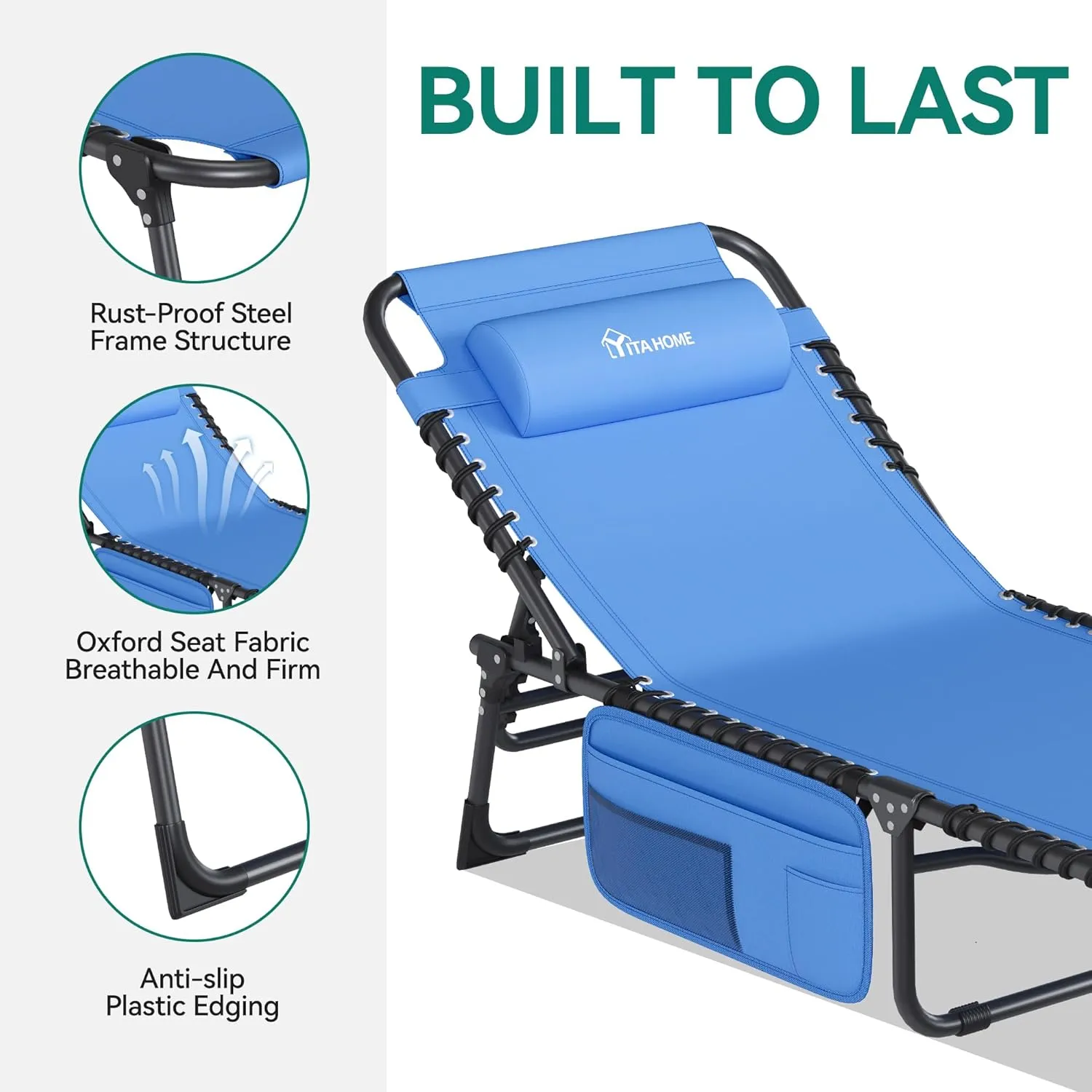 YITAHOME 2PCS Patio Lounge Chair, Portable Reclining Chairse Lounge Folding Camping Cot 5 Posistion Adjustable w/Head Pillow & Portable Handbag for Camping, Pool, Beach and Patio, Blue