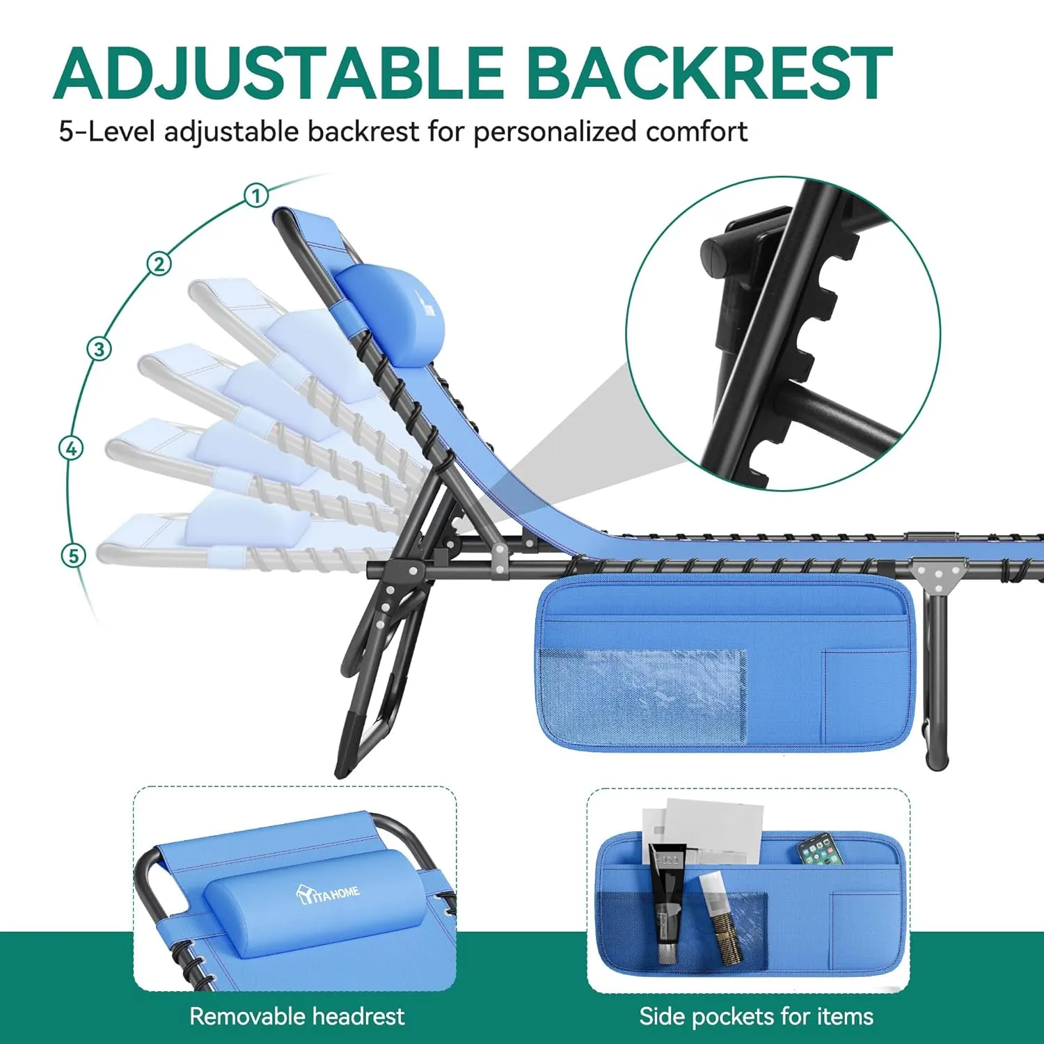 YITAHOME 2PCS Patio Lounge Chair, Portable Reclining Chairse Lounge Folding Camping Cot 5 Posistion Adjustable w/Head Pillow & Portable Handbag for Camping, Pool, Beach and Patio, Blue