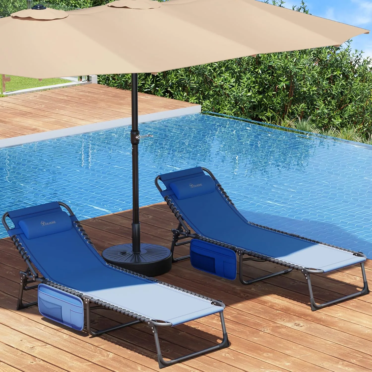 YITAHOME 2PCS Patio Lounge Chair, Portable Reclining Chairse Lounge Folding Camping Cot 5 Posistion Adjustable w/Head Pillow & Portable Handbag for Camping, Pool, Beach and Patio, Blue