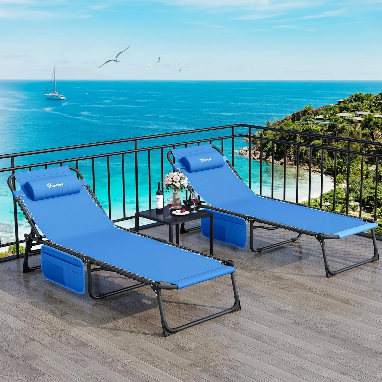 YITAHOME 2PCS Patio Lounge Chair, Portable Reclining Chairse Lounge Folding Camping Cot 5 Posistion Adjustable w/Head Pillow & Portable Handbag for Camping, Pool, Beach and Patio, Blue