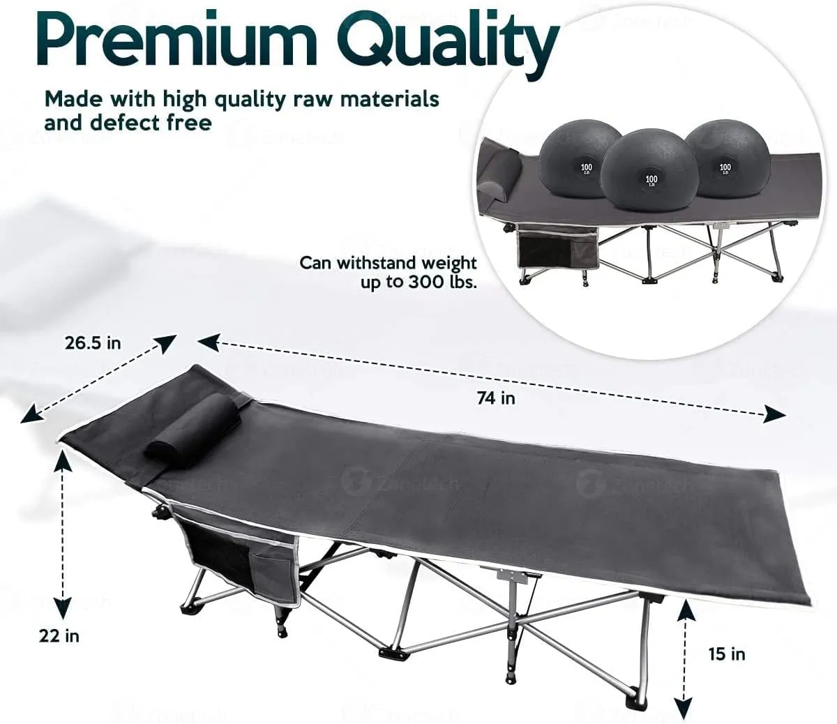 Zone Tech Folding Outdoor Travel Cot-Classic Grey Premium Quality Lightweight Portable Heavy Duty Adult and Kids Travel Cot with Large Pocket-Perfect for Hiking, Camping, and Outdoor Activity