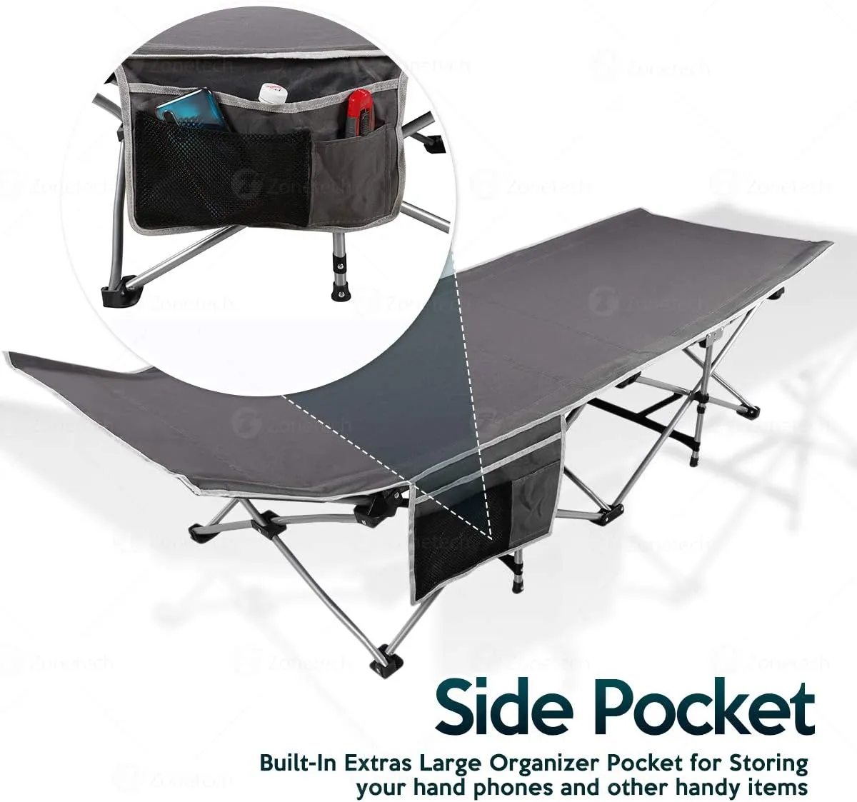 Zone Tech Folding Outdoor Travel Cot-Classic Grey Premium Quality Lightweight Portable Heavy Duty Adult and Kids Travel Cot with Large Pocket-Perfect for Hiking, Camping, and Outdoor Activity